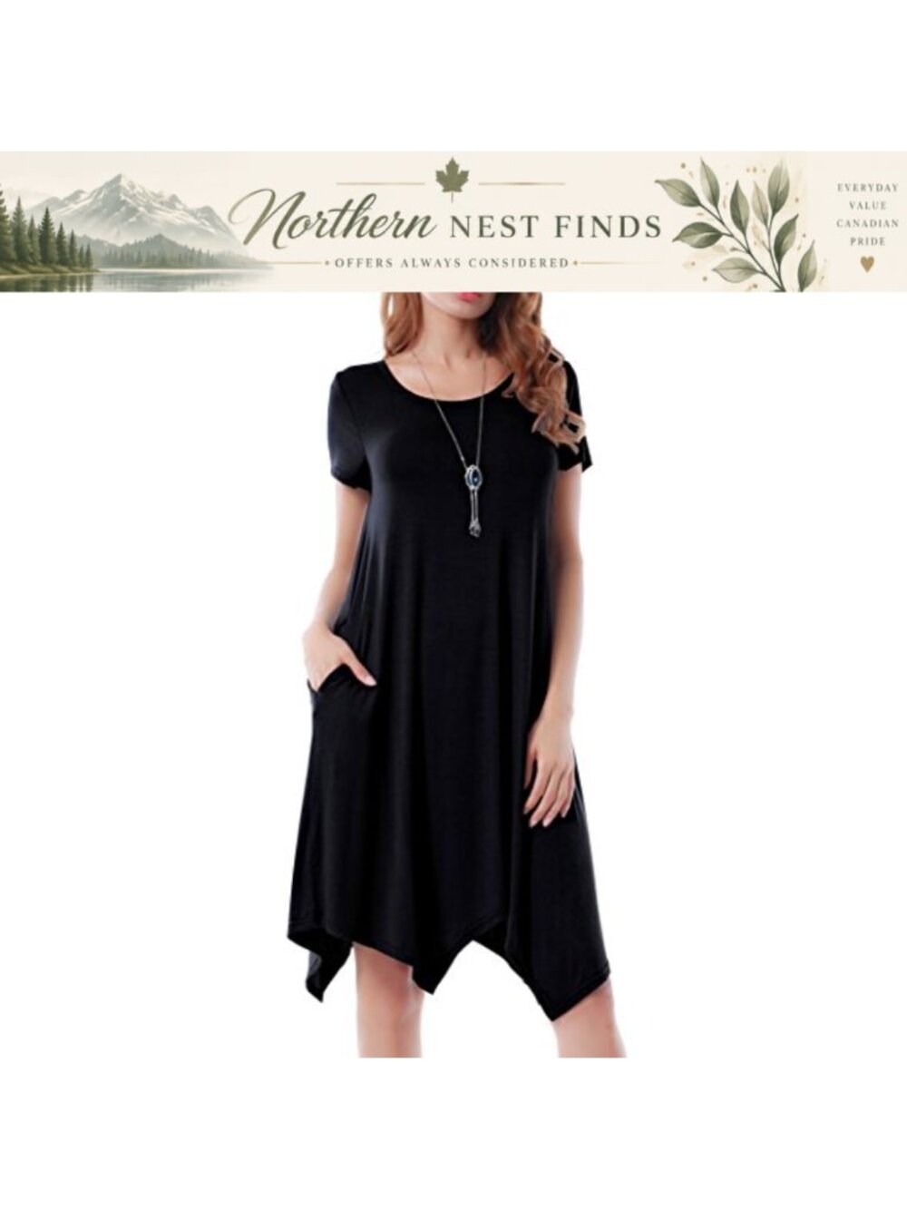 Women's Soft Stretchy A-Line Dress with Pockets and Irregular Hem